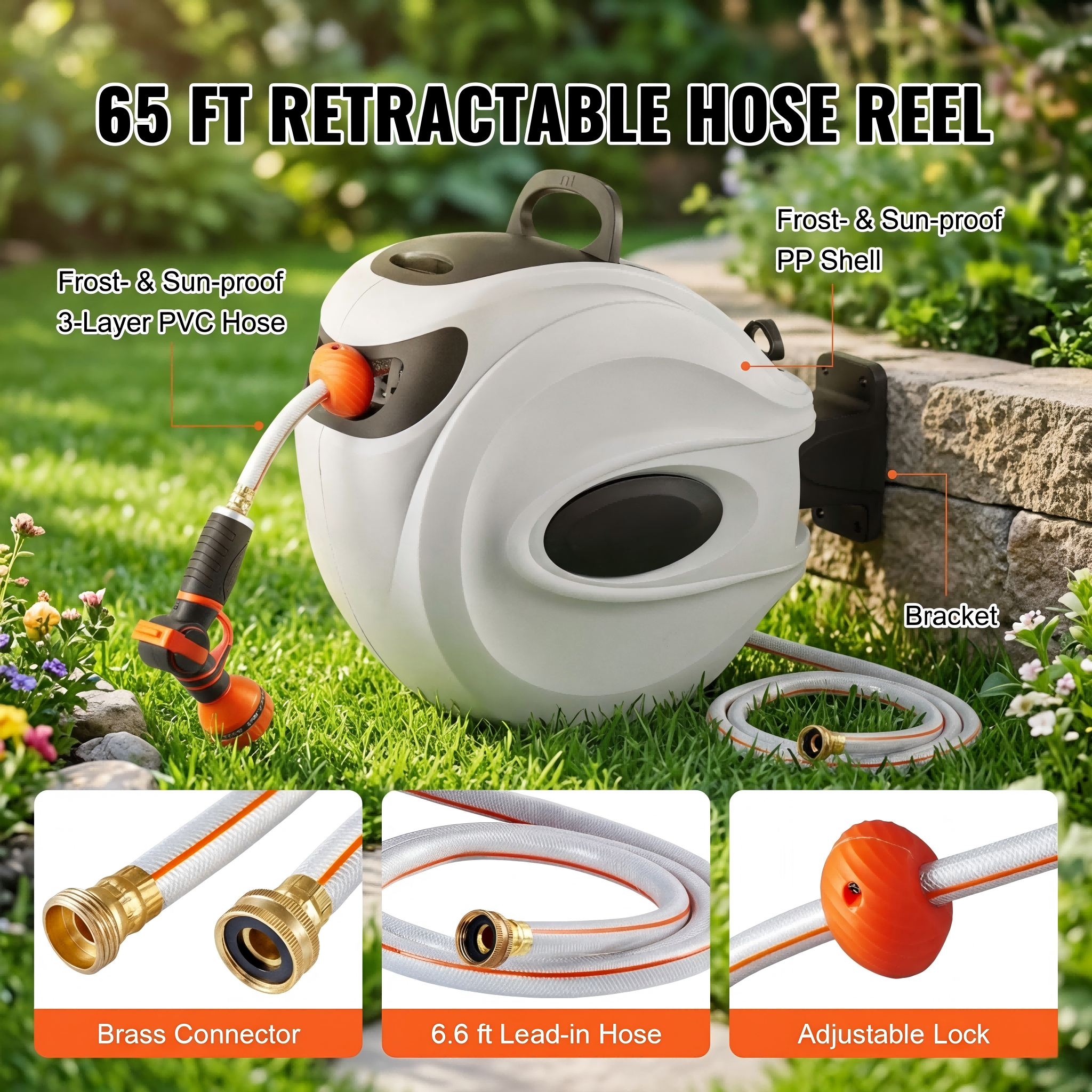 Retractable Hose Reel 65 ft x 5/8 inch, Wall-Mounted Garden Hose Reel with 180° Swivel Bracket, 9-Pattern Nozzle, Automatic Rewind, Lock at Any Length, Slow Return System