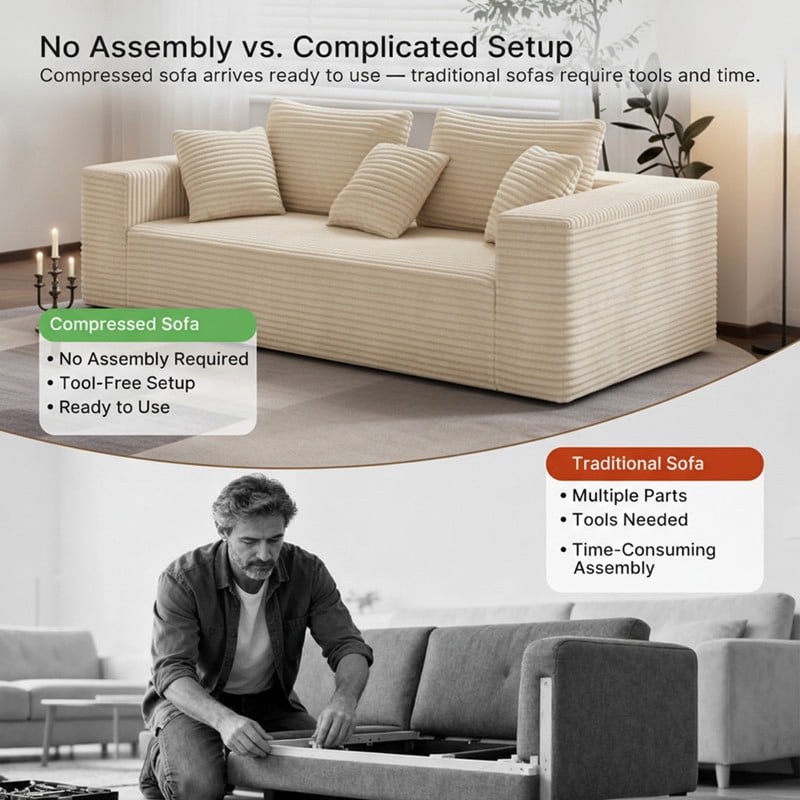 3-Seater Boneless Corduroy Upholstered Armrest Sofa, No Assembly Floor Couch, Memory Foam Large Loveseat with Throw Pillow