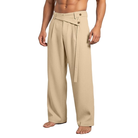 Timoontee Men Wrap Belt Pleated Wide Leg Linen Pants Button Waistband Breathable Crinkle Fabric Loose Fit Beach Resort Vacation Casual Trousers Yellow L