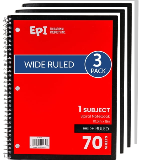 Cuaderno EPI espiral rayado ancho 70 hojas, paquete de 3, 27 x 20 cm