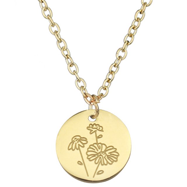 Dinheiro Collar de monedas redondas, flores talladas en acero de titanio, pequeños regalos colgantes