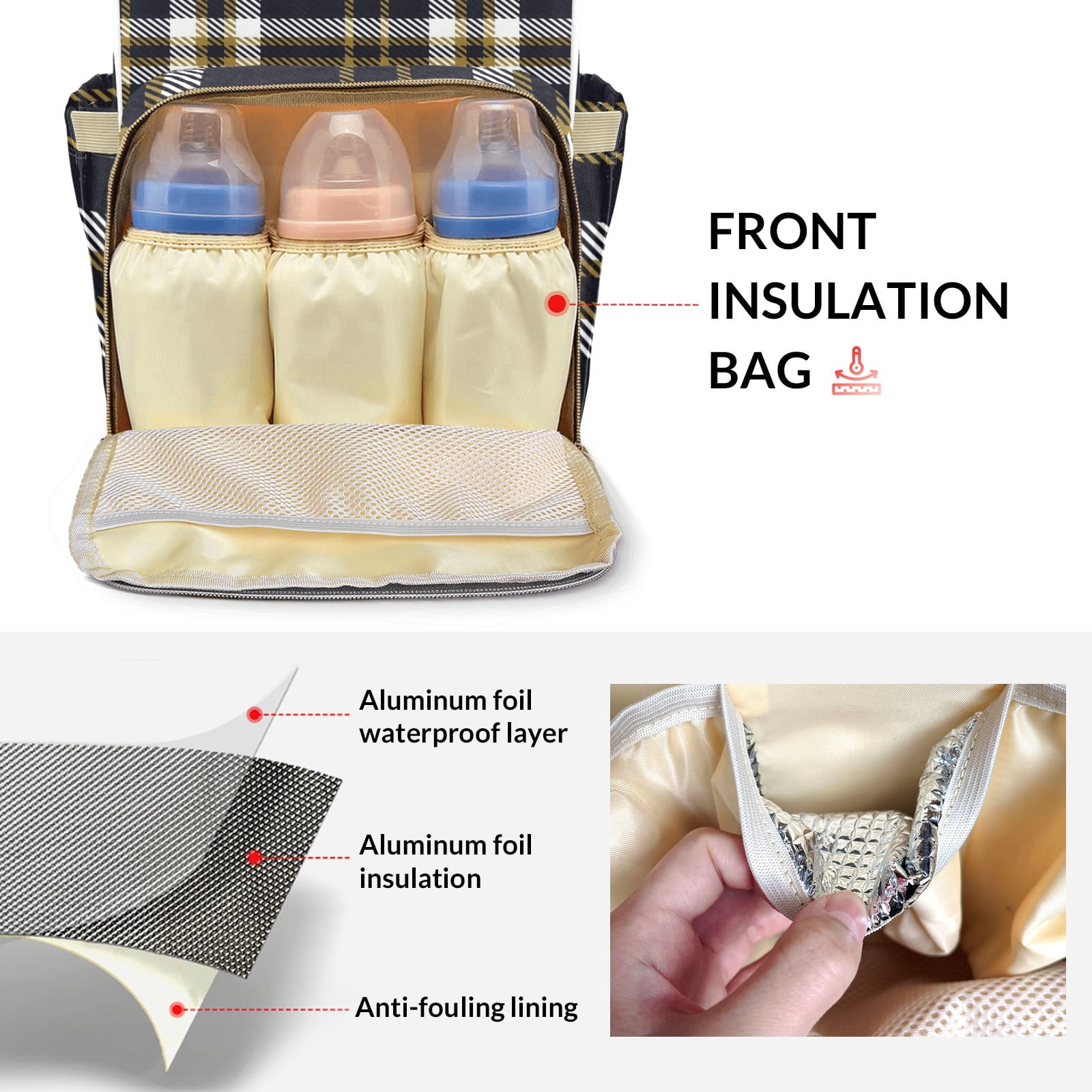 Buffalo Plaid Diaper Backpack – Large Capacity, Insulated Baby Bottle Pocket, Multifunctional Mommy Bag for Boys & Girls