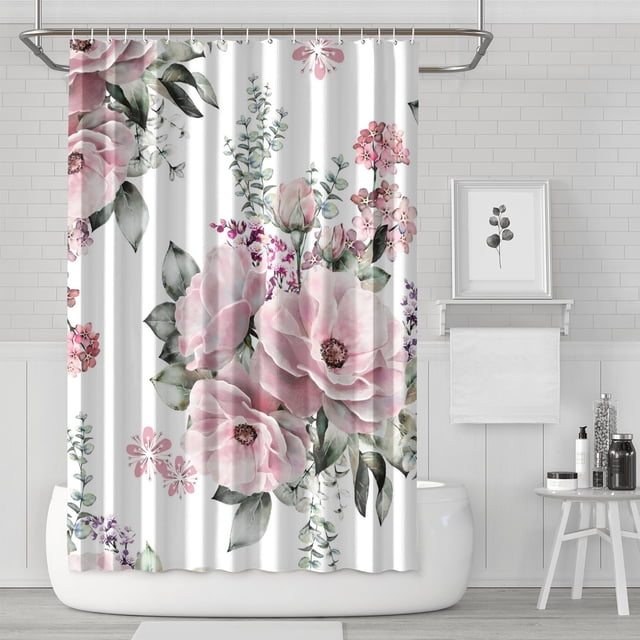 Pink Cute Flower Spring Floral (4) Shower Curtain Waterproof Shower Liner,Contemporary Chic Polyester Bath Curtain,Shower Curtains Set with Snap-in,72x72Inch