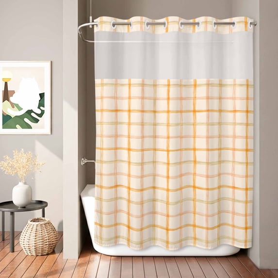 No Hook Shower Curtain, Orange Plaid Shower Curtains for Bathroom with See Through Top Window, Fall Gingham Grids Striped Modern Country Waterproof & Washable Bath Curtain Extra Long 72"x84"