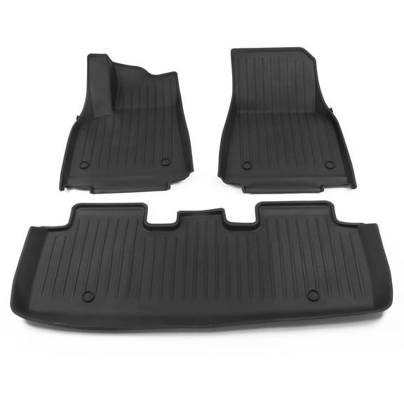 Ikon Motorsports Floor Mats Compatible With 2020-2024 Tesla Model Y, Black 3D Molded Car Carpets Liner 1st 2nd Row Front Rear Protection 3PC Set Injection TPE All Weather Protector