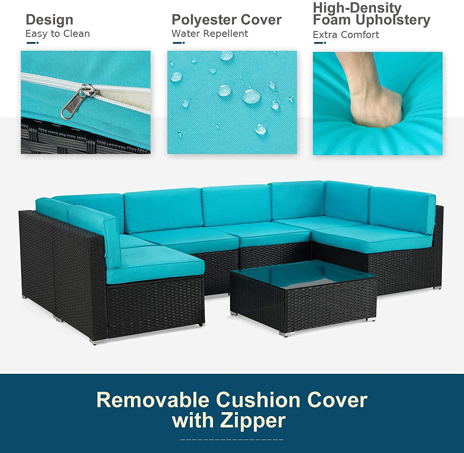 Danrelax 7 Pc Outdoor Patio Sectional Set, Blue and Black Steel with Cushions