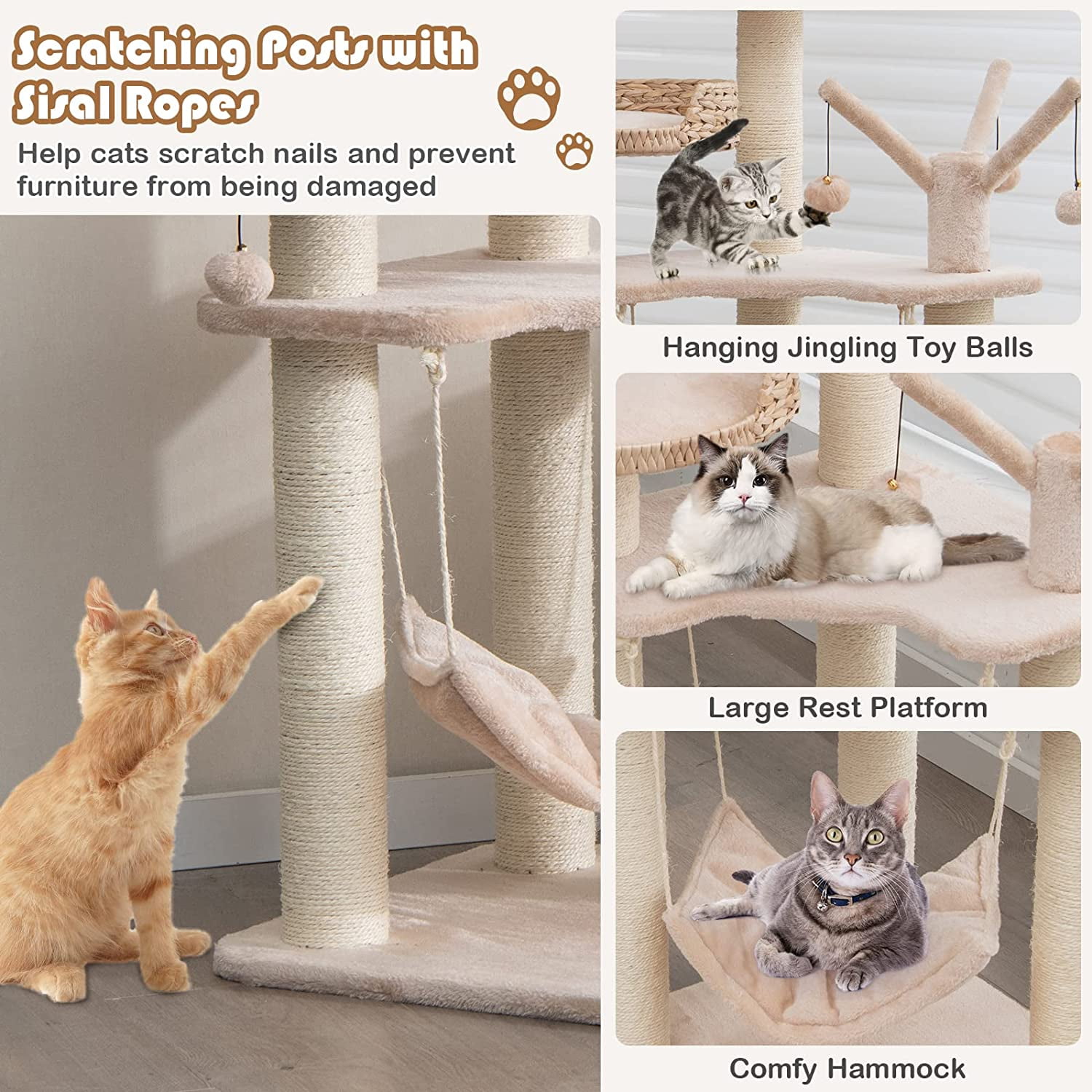 LEHOME Modern Cat Tree Tower, Multi-Level Tall Activity Center with Natural Sisal Scratching Posts, Hammock, Hand-Made Cattail Cute Condo with Funny Toy Balls
