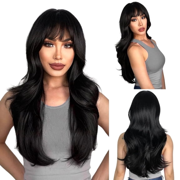 Long Black Wigs with Bangs Layered Wigs for Women Synthetic Heat Resistant Wig Natural Looking Realistic Wigs for Daily Party Use (24 inch)