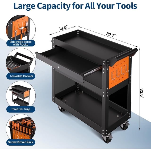 AKDSteel 4 Tier Rolling Tool Cart, Mechanic Tool Cart On Wheels With 350lbs Capacity, Heavy Duty Utility Cart Features Lockable Drawer And Side Pegboards For Garage Or Repair Shop