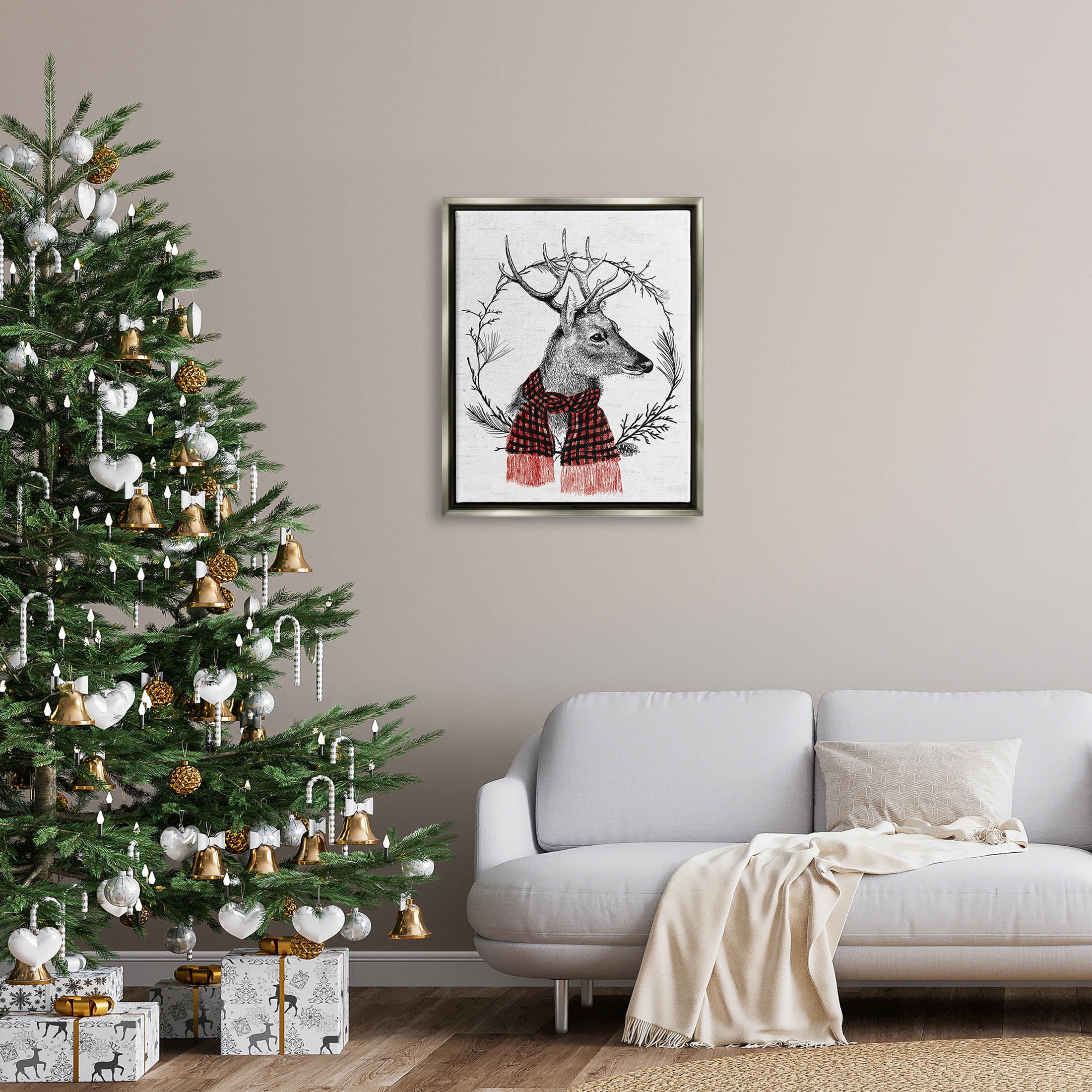 Stupell Industries Deer Winter Botanical Wreath Graphic Art Luster Gray Floating Framed Canvas Print Wall Art, Design by Lettered and Lined