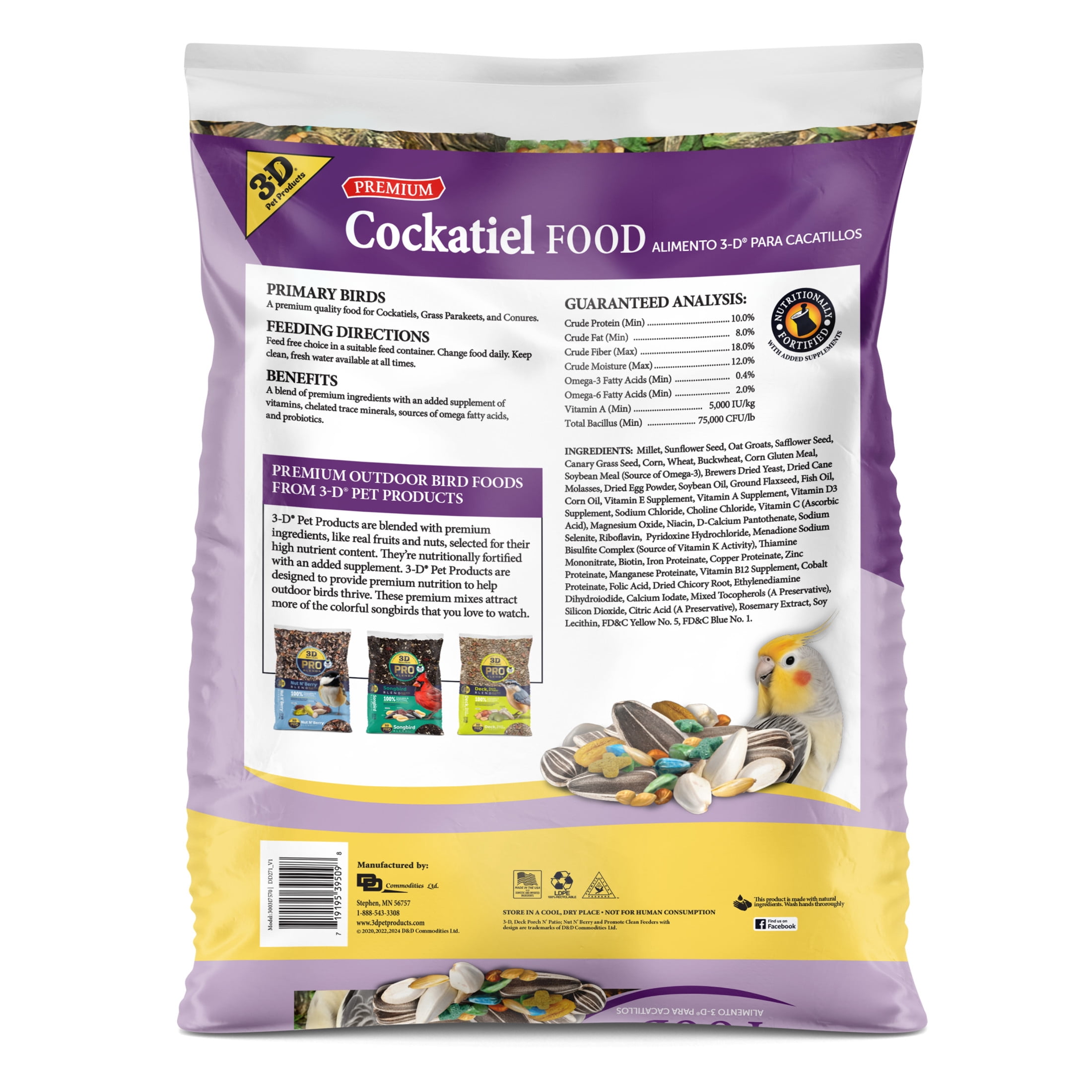 3-D Pet Products Premium Cockatiel Mix Bird Food Seeds, with Probiotics, 9 lb. Bag