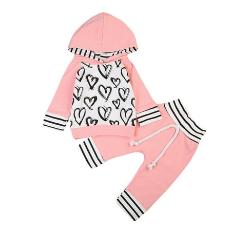 

luethbiezx Newborn Kids Baby Girl Clothes Long Sleeve Hooded T-shirt Top Pants Outfit Set W