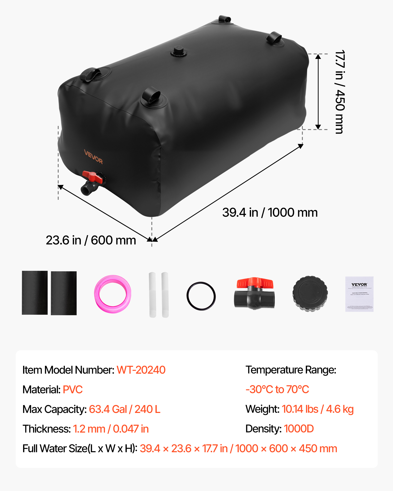 VEVOR Water Storage Bladder, 63.4 Gallon (240L) Water Storage Container Tank, 1000D PVC Large Capacity Soft Bag Bladder, Collapsible Portable for Garden Irrigation,Camping,RVs,Emergency Use - Black