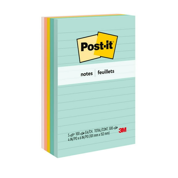 Post-it Notes, 4 in x 6 in, Beachside Cafe Collection, Lined, 5 Pads