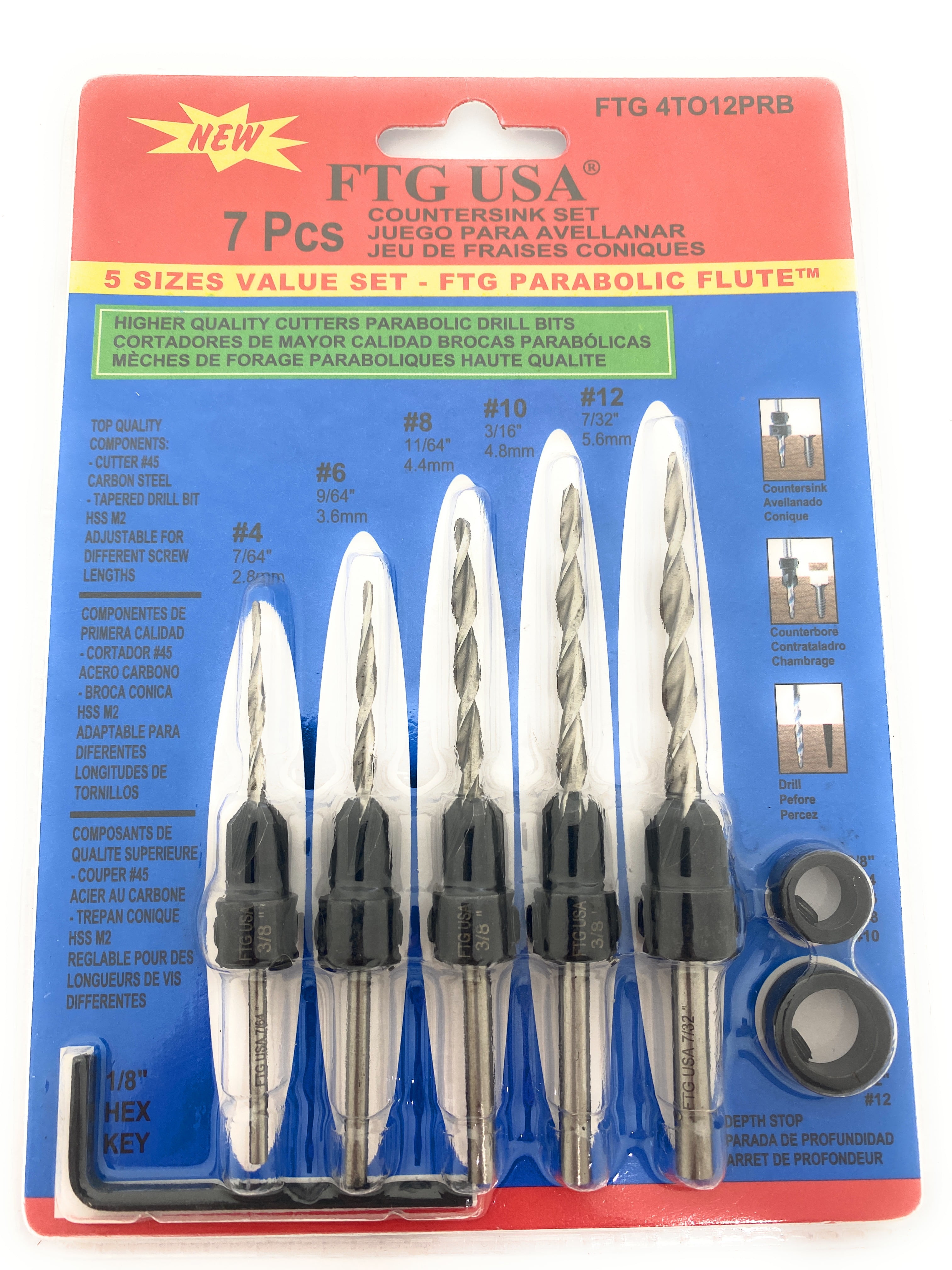 FTG USA Adjustable Wood Countersink Drill Bit Set #6#8#10#12 With Tapered Drill Bits For Woodworking - View #5