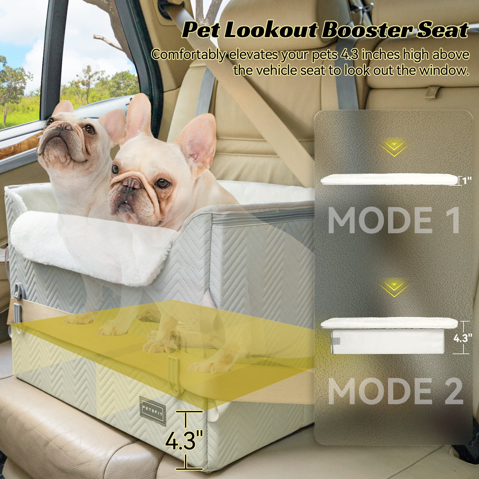 PETSFIT Dog Booster Car Seat, Waterproof PU Leather Car Seat for Dogs with Patented Safe Buckles, 2 Clip-On Safety Leashes, Grey