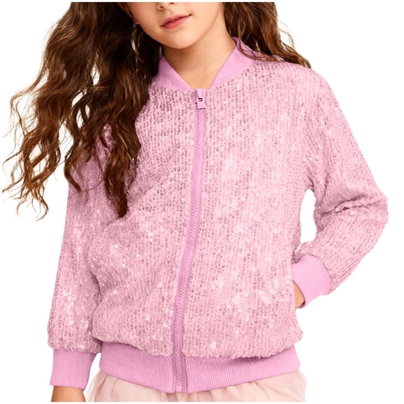Cethrio Girls Bomber Jackets Size 7-8, Long Sleeve Sequin Performance Zip up Spring Outerwear Pink Size 7-8