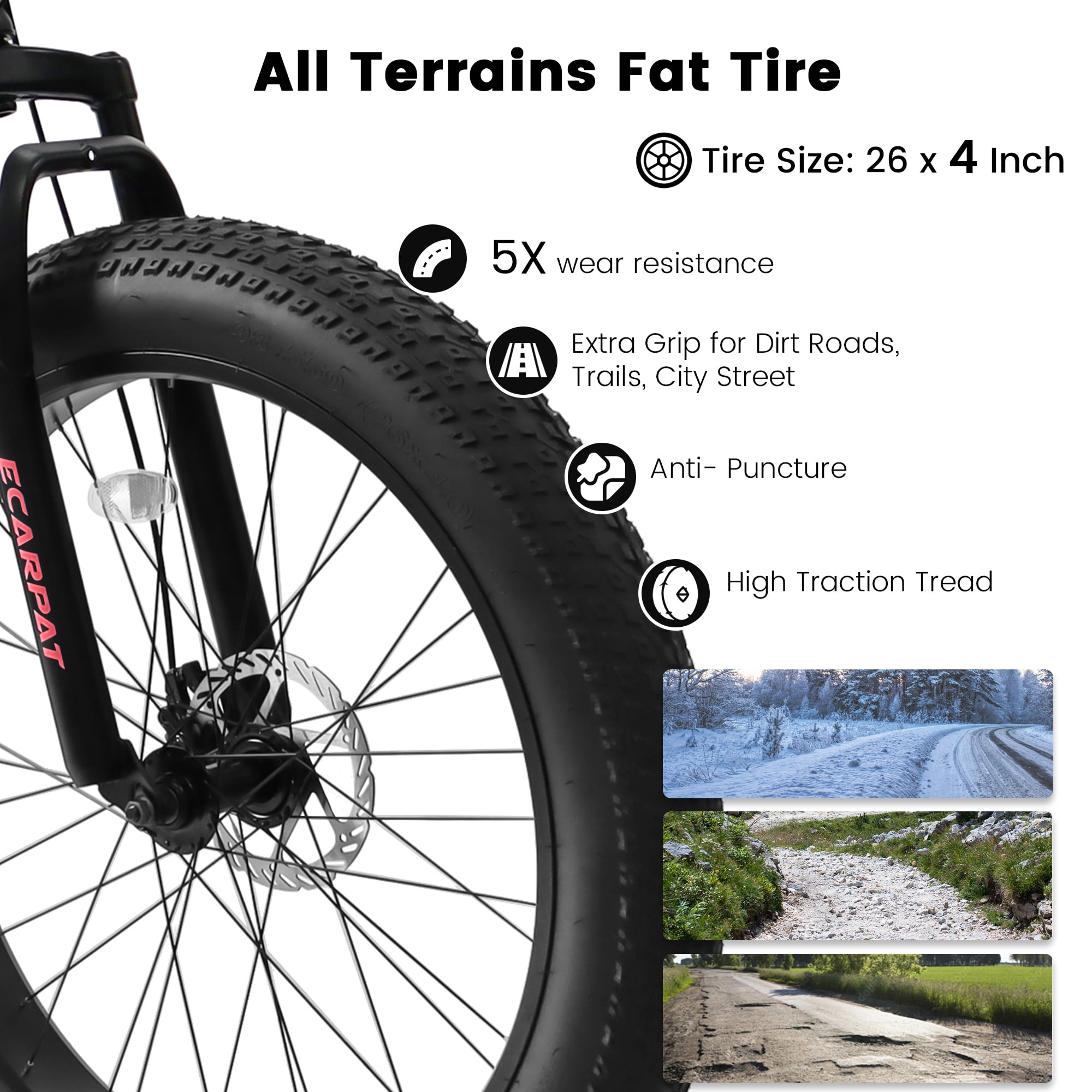 POWANLI 26"Fat Tires Mountain Bike,4-Inch Wide Wheel, 21-Speed Disc Brakes,Mens Womens Trail Beach Snow Commuter City Mountain Bike, Carbon Steel Frame Front Fork Bicycles