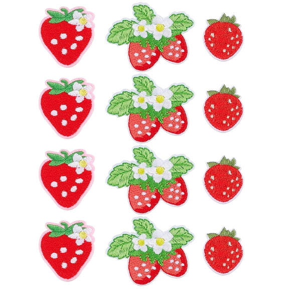 12Pcs Iron on Strawberry Patches Fruit Sew on Patches 3 Styles Cute Red Embroidered Applique Decorative Repair Patch DIY