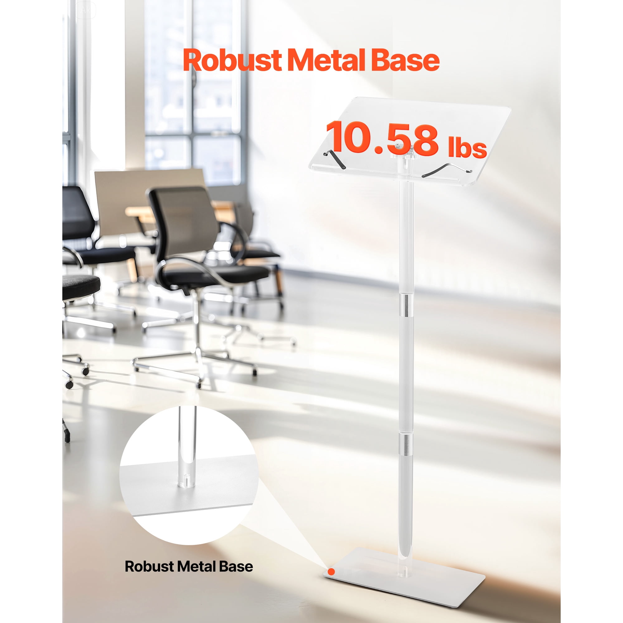 KFFKFF 43-Inch Acrylic Podium Stand, Portable Lectern with Spacious Reading Surface, Book Holders, Adjustable Angle, Floor-Standing Design for Events, Presentations, and Gatherings