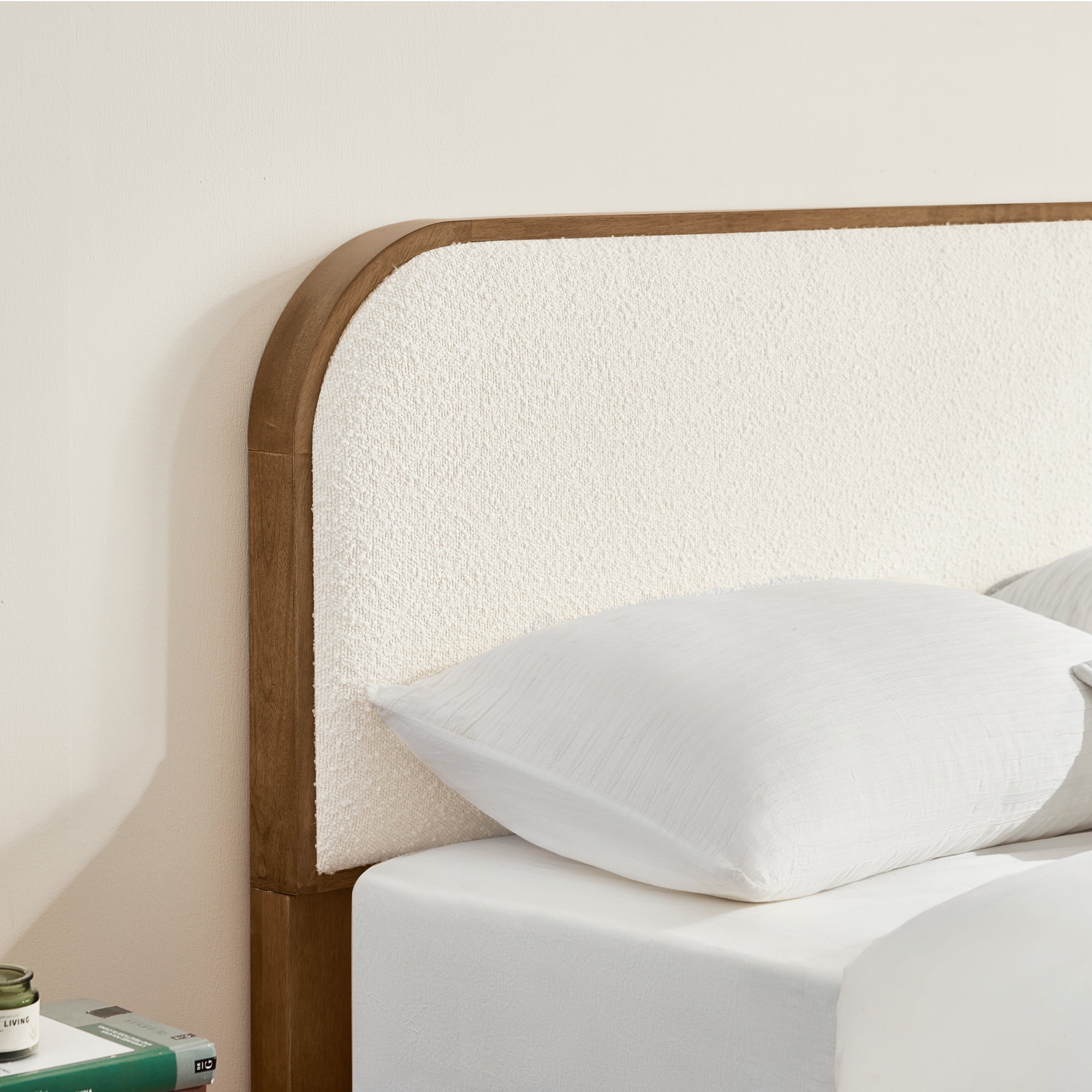 Spruce & Spring Modern Boucle Upholstered Platform Bed with Solid Wood Frame Walnut, Full
