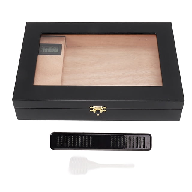 Humidificador de cigarros Caja de escritorio de madera para cigarros con humidificador higrómetro Estuche para cigarros superior de acrílico transparente para 20 cigarros negro
