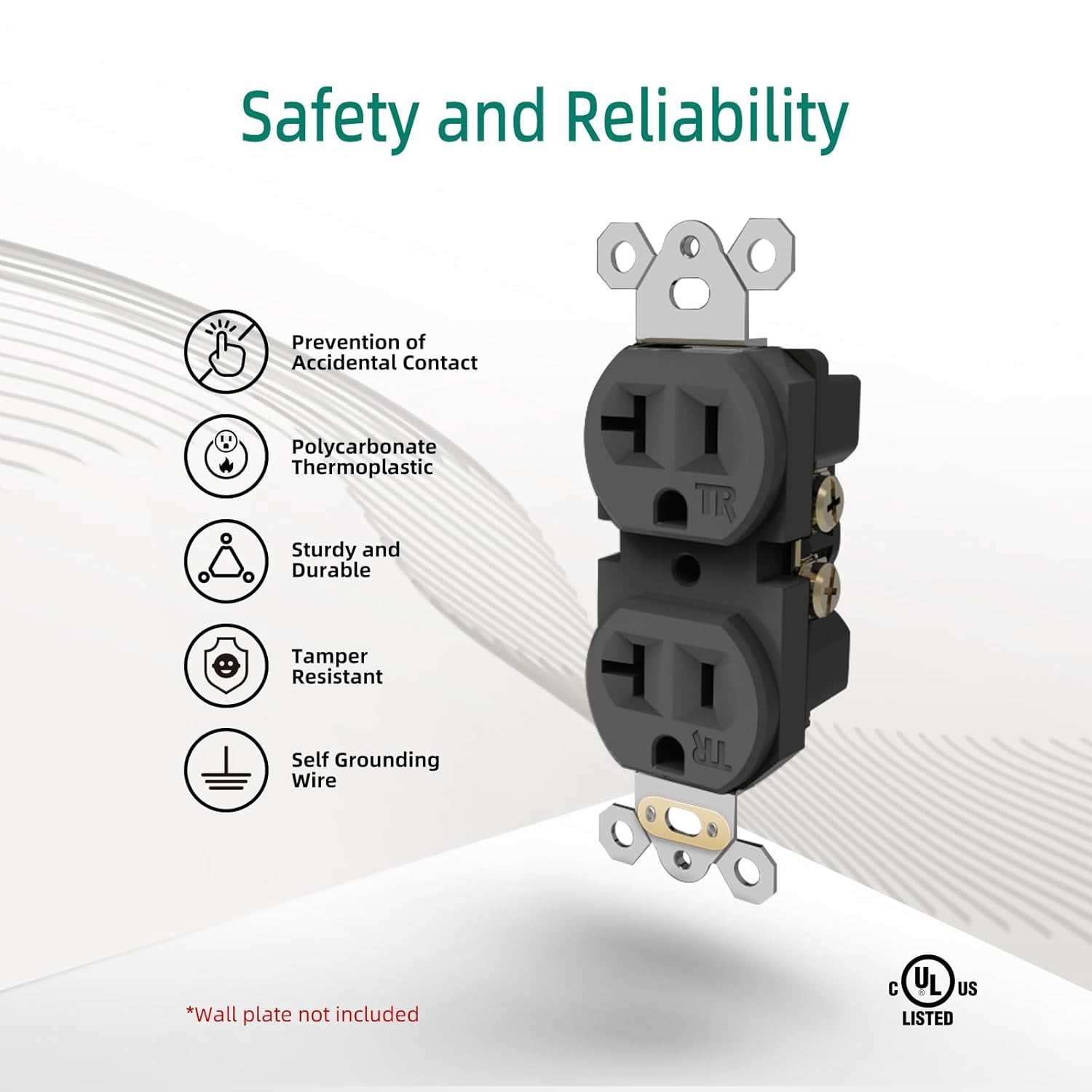 20A Electrical Wall Outlet Black, Residential Grade Standard Duplex Receptacle, Tamper-Resistant, 2 Pole 3 Wire, Self-Grounding, Child Proof, Commercial Use, UL Listed, 10 Pack