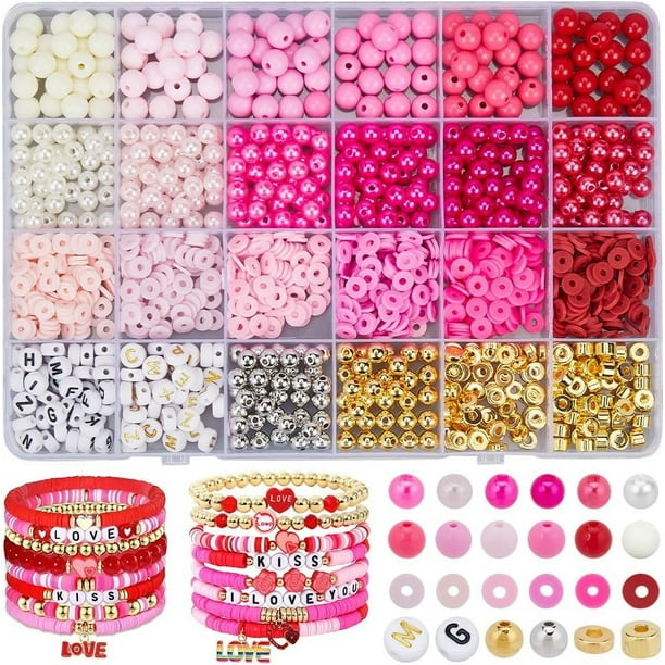 1 caja de 2220 piezas de kit para hacer pulseras rosas, kit de pulseras de la amistad, letras, perlas de plástico, cuentas espaciadoras Heishi de arcilla polimérica planas y redondas.