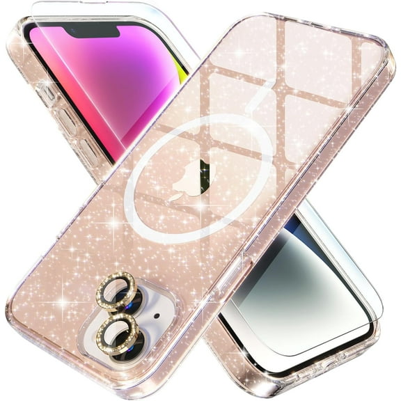 Magnetic Case for iPhone 14 Case, Women Clear Glitter Bling Sparkly Case, [Compatible MagSafe] (Glitter Gold)