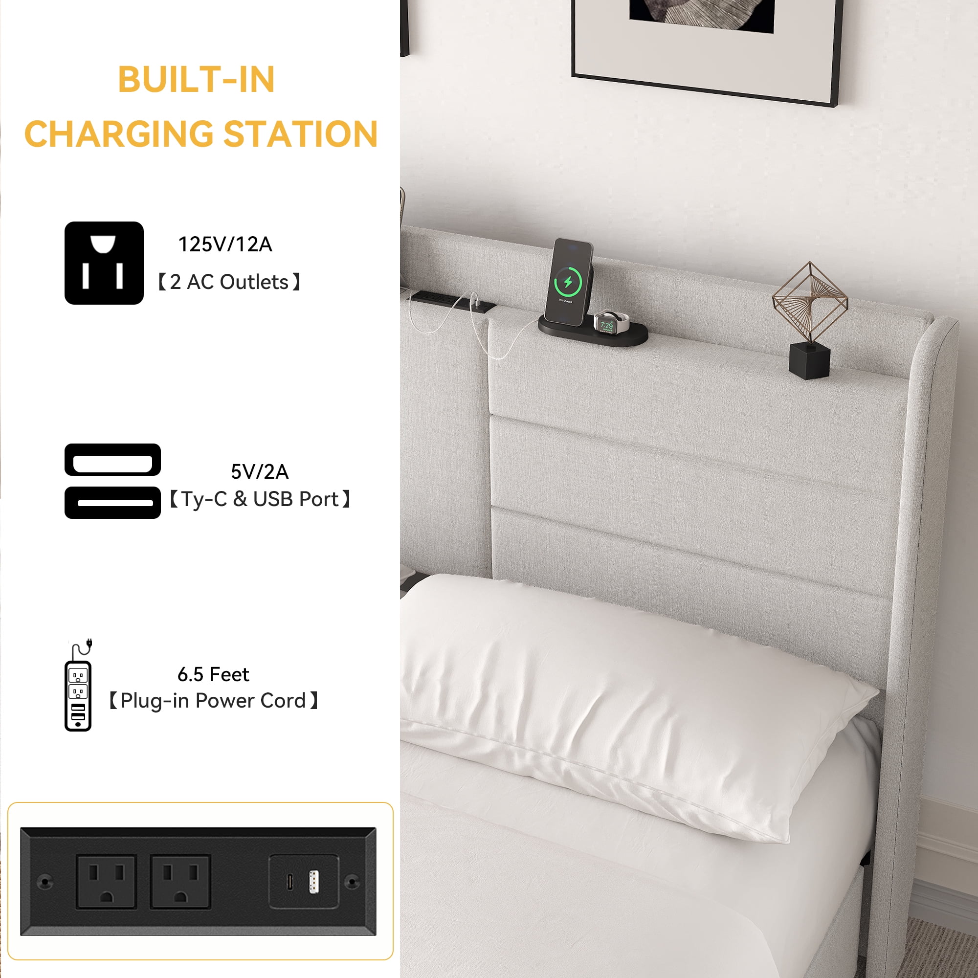 Dextrus King Size Bed Frame with Spacious Storage Drawers, Integrated Charging Ports