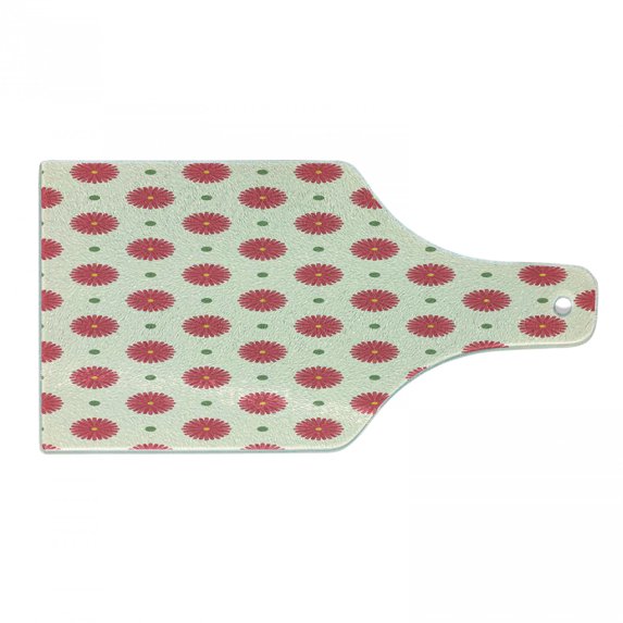 Retro Cutting Board, Spring Season Inspired Colorful Mixed Geometric and Floral Motif in Pastel Tones, Decorative Tempered Glass Cutting and Serving Board, Wine Bottle Shape, Multicolor, by Ambesonne