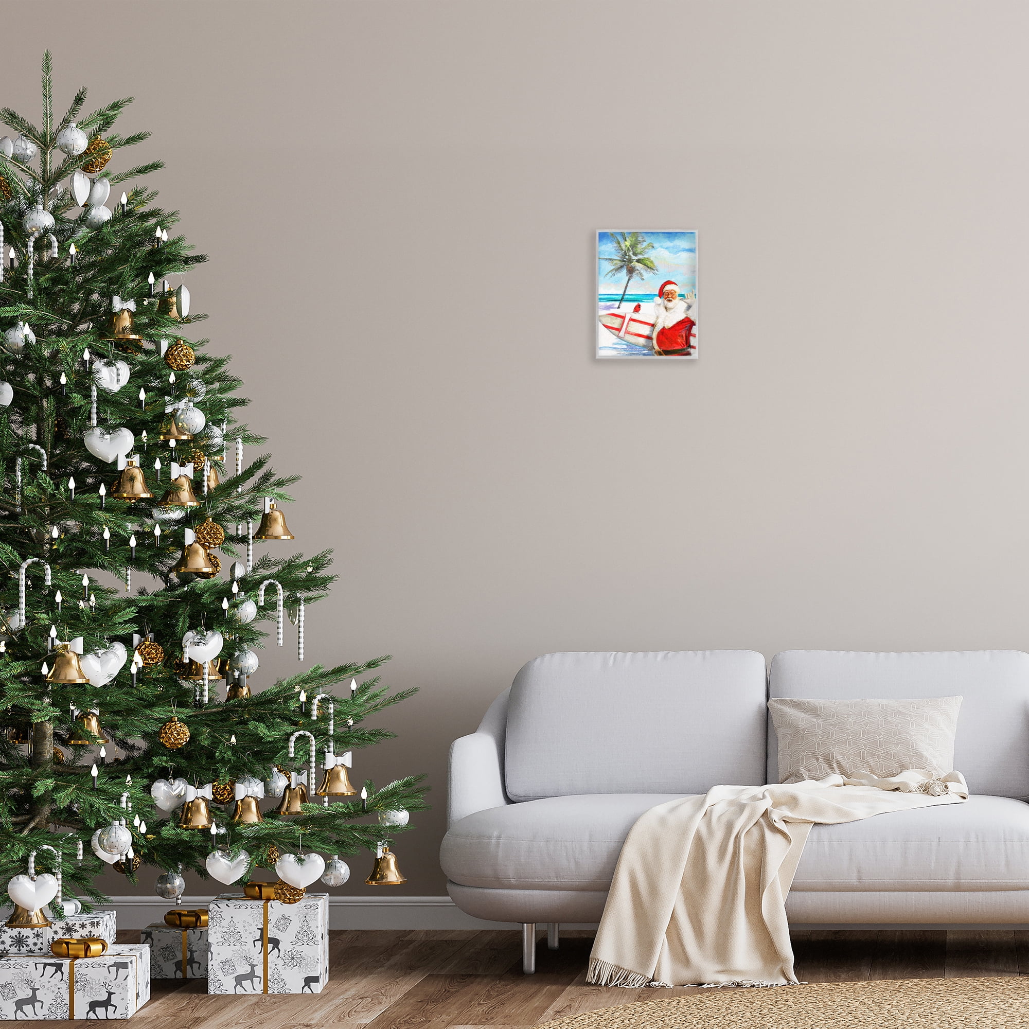 Stupell Industries Surfing Santa at Beach Holiday Painting Gray Framed Art Prints Wall Art, 11 x 14