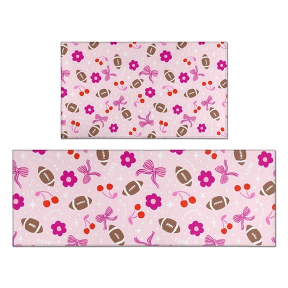 Pink Football and Flowers Pattern Kitchen Rugs Sets Of 2,Anti Fatigue Kitchen Mat Rugs Non Slip Washable,Decorative Kitchen Floor Mats for Kitchen,Sink,Laundry,17"x30" 17"x47"