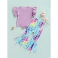 thumbnail image 4 of Genuiskids Toddler Kid Baby Girls Summer Outfits Ruffle Fly Sleeve Shell Crop Tops T-Shirt Mermaid Flared Pants Clothes Set, 4 of 9