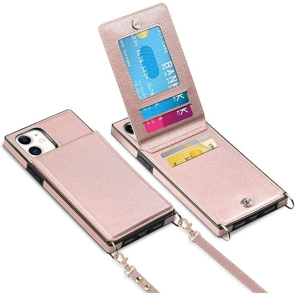 For iPhone 11 Case Wallet Card Holder Leather PU Flip Cover Folio Lanyard Crossbody Strap Women Girl Magnetic Clasp Kickstand  Heavy Duty Protective Bumper  for iPhone 11 Rose Gold
