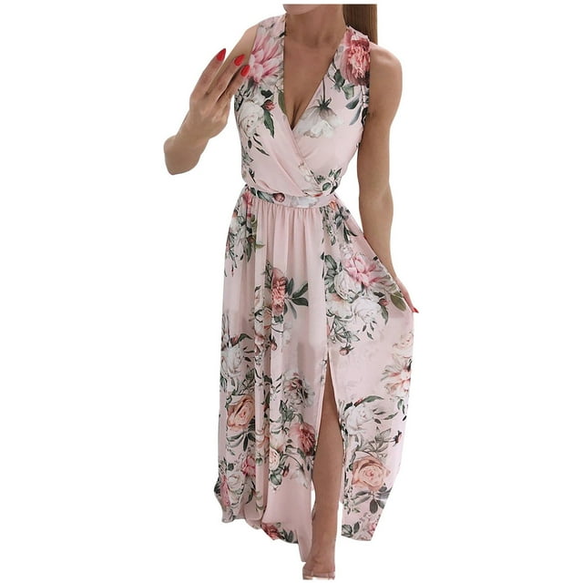 Pompotops Femmes de la Mode Décontractée en Angleterre en Vrac Sans Manches Imprimé V-Cou Robe de Sol-Longueur