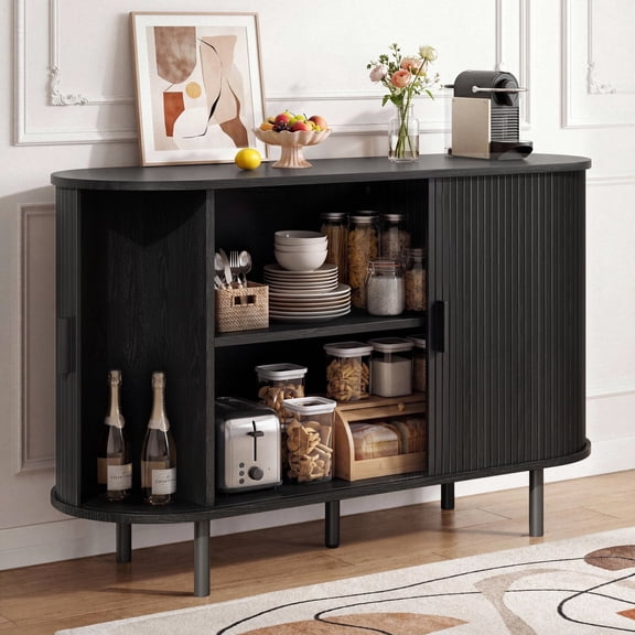 ROGALIS 48" Buffet Sideboard Cabinet with Storage, Modern Fluted Cabinet with Sliding Doors & Adjustable Shelf, Coffee Bar Accent Cabinet for Kitchen, Dining Room, Entryway, Black