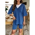 thumbnail image 3 of V Neck Lounge Shirt and Shorts Coordinates, Blue, Large, 3 of 5