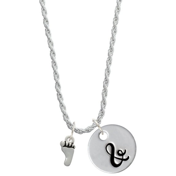 Delight Jewelry Silvertone Small Bare Feet Silvertone Script Initial Disc - & - Charm Necklace, 20"+3"