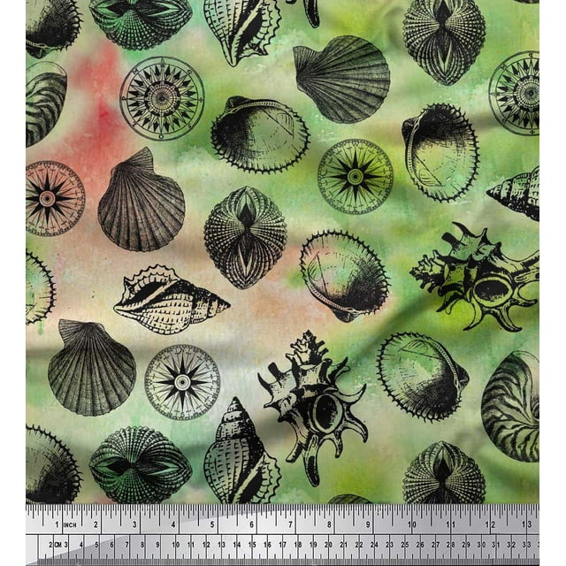 Soimoi Poly Georgette Fabric Direction Compass & Seashell Ocean Printed Craft Fabric by The Yard 42 Inch Wide