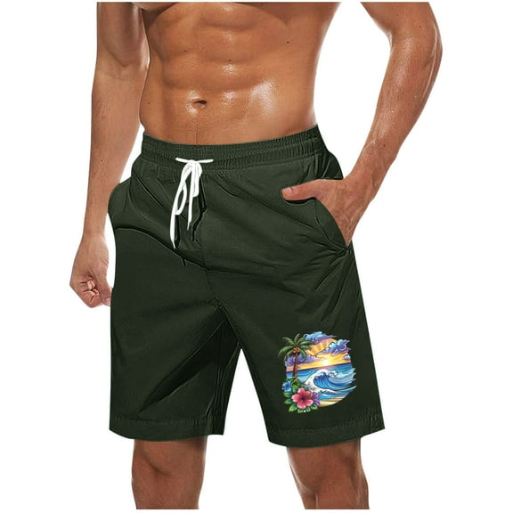LOVZFMLL Men's Swim Trunks, Hawaiian Print Men's Sports Casual Beach Shorts Board Shorts Bathing Suit Swimwear Pants with Pockets Army Green M