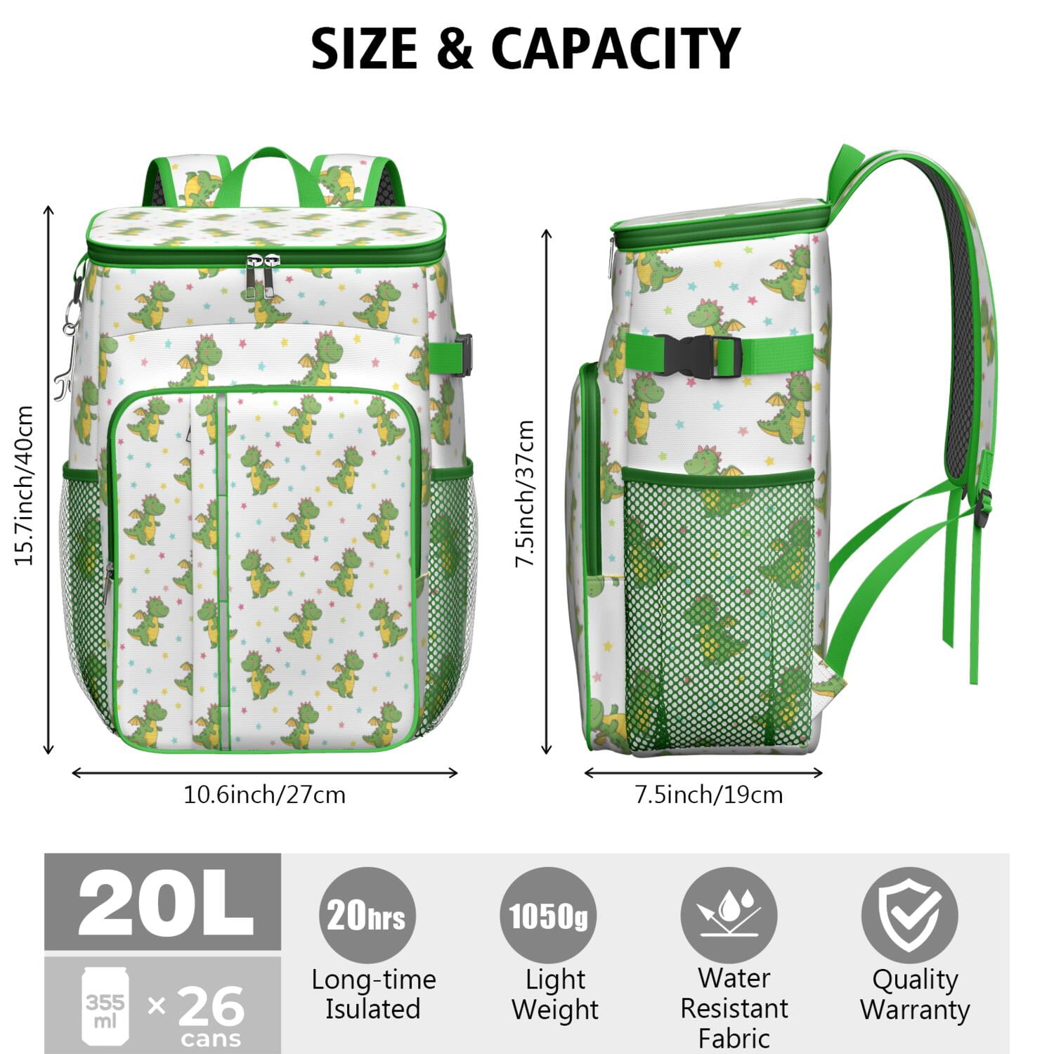 Travel Cooler Bag - Cute Dragon Pattern with Stars Camping Beer Cooler Backpack with Bottle Opener- Waterproof Insulated Picnic Backpacks - Cooler Bag for Beach