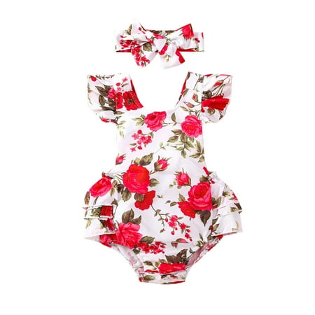 

Girls Infant Sleeveless Flower Printed Romper Bodysuit For Children Clothes With Headbands Adorable Child Birthday Gift
