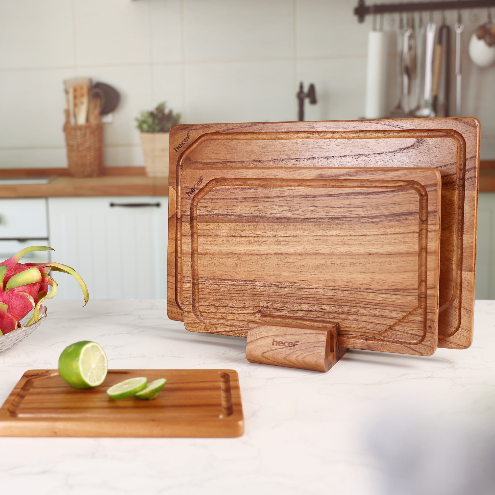 Hecef 3PCS Wood Cutting Board Set with Holder, 15 Inch Serving Board for Kitchen Meal Prep & Serving
