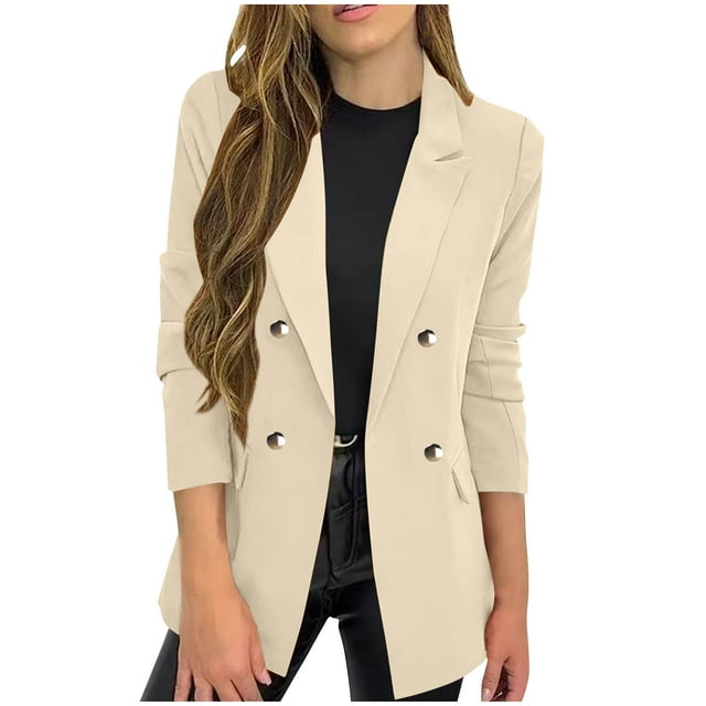 BiZtdJrK Womens Solid Color Long Sleeve Blazers Office Work Casual Business Outfits Open Front Fall Suit Jacket with Fake Pocket Beige M Spring Savings