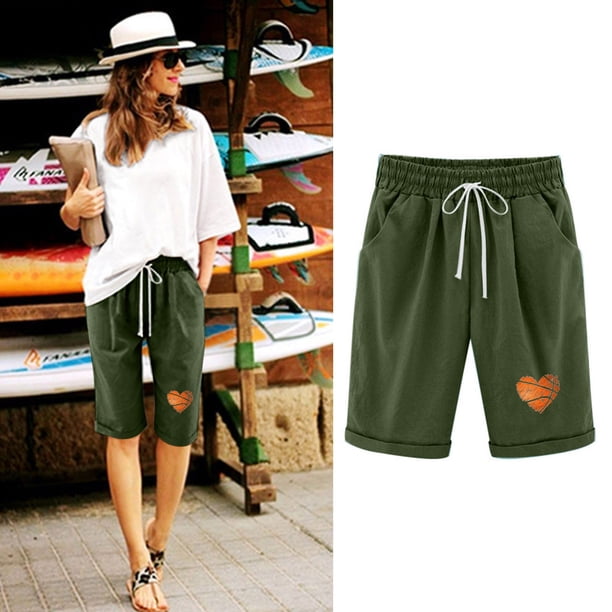 Puntoco Pantalones Cortos De Verano Mujer Moda 2024 Pantalones Cortos De Mujer Algodón Y Lino Estampado De Moda Cintura Elástica Pantalones De 5 Pulgadas Cordón Pantalones Cortos De 5 Pulgadas