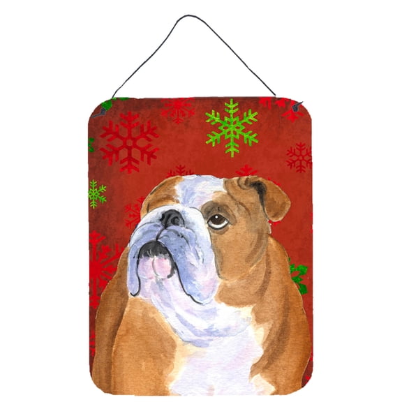 Bulldog English Red and Green Snowflakes Holiday Christmas Wall or Door Hanging Prints