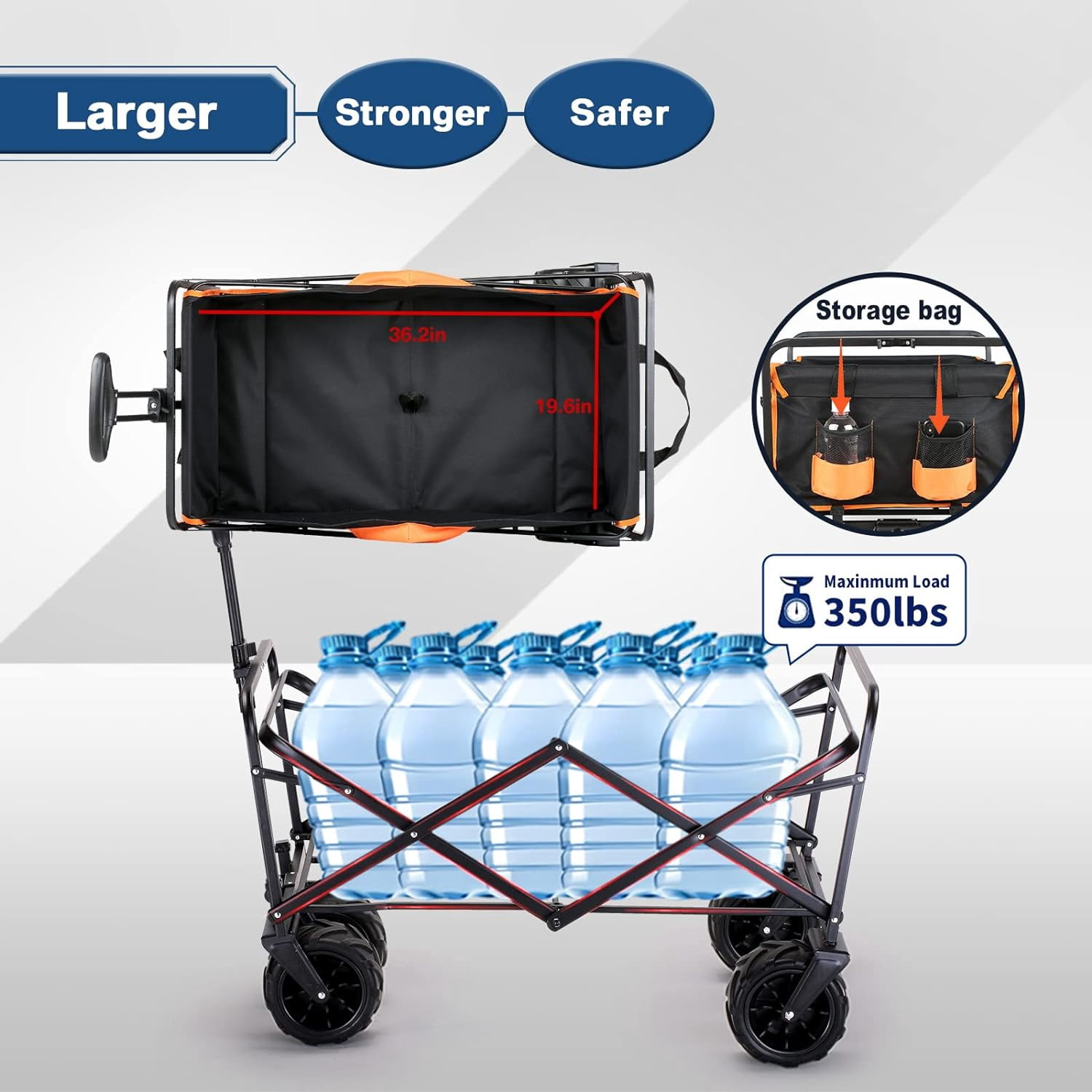 Heavy Duty 350 Lbs Capacity Collapsible Wagon, Outdoor Folding Camping Wagons, Grocery Portable Utility Cart, Adjustable Rolling Carts, All Terrain Sports Wagon with Big Wheels