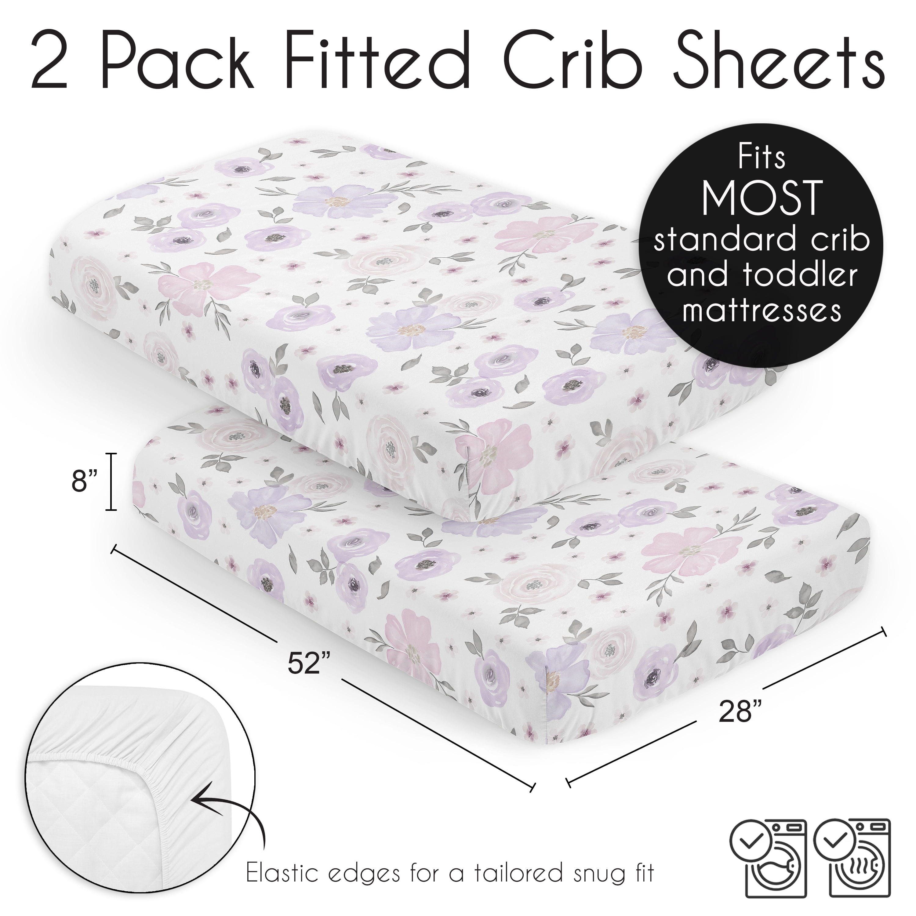 Sweet Jojo Designs Watercolor Floral Purple and Pink and Grey Fitted Crib Sheets 2 Piece Set