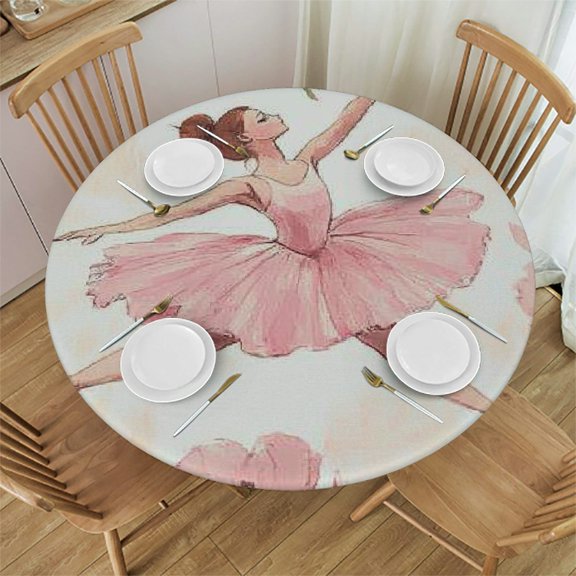 Autua Ballerina Pink Flower Round Tablecloth 100% Polyester with Elastic Edge for Home, Weddings, Parties, and Restaurants - Stain-Resistant, Washable, Spill-Proof, Wrinkle-Resistant 31"-35